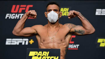 LAS VEGAS, NEVADA - NOVEMBER 13: In this UFC handout, Rafael Dos Anjos of Brazil poses on the scale during the UFC weigh-in at UFC APEX on November 13, 2020 in Las Vegas, Nevada. (Photo by Jeff Bottari/Zuffa LLC via Getty Images)