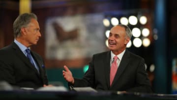 SECAUCUS, NJ - JUNE 4: Major League Baseball Commissioner Robert D. Manfred Jr. talks to the draft panel during the 2018 Major League Baseball Draft at Studio 42 at the MLB Network on Monday, June 4, 2018 in Secaucus, New Jersey. (Photo by Alex Trautwig/MLB Photos via Getty Images)