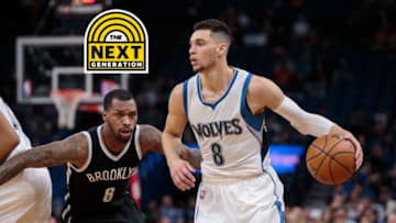 Jan 28, 2017; Minneapolis, MN, USA; Minnesota Timberwolves guard Zach LaVine (8) dribbles in the first quarter against the Brooklyn Nets guard Sean Kilpatrick (6) at Target Center. Mandatory Credit: Brad Rempel-USA TODAY Sports