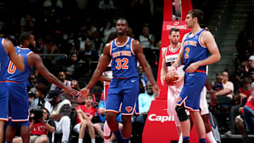 WASHINGTON, DC - OCTOBER 1: Noah Vonleh #32 of the New York Knicks is seen against the Washington Wizards during pre-season game on October 1, 2018 at Capital One Arena in Washington, DC. NOTE TO USER: User expressly acknowledges and agrees that, by downloading and/or using this photograph, user is consenting to the terms and conditions of the Getty Images License Agreement. Mandatory Copyright Notice: Copyright 2018 NBAE (Photo by Ned Dishman/NBAE via Getty Images)