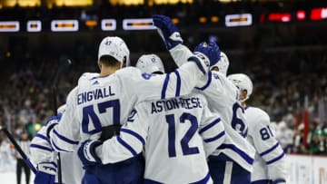 ST PAUL, MN - NOVEMBER 25: Zach Aston-Reese #12 of the Toronto Maple Leafs celebrates his goal against the Minnesota Wild with teammates in the first period of the game at Xcel Energy Center on November 25, 2022 in St Paul, Minnesota. (Photo by David Berding/Getty Images)