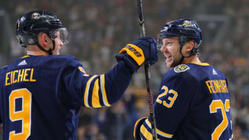 Jan 4, 2020; Buffalo, New York, USA; Buffalo Sabres center Sam Reinhart (23) celebrates hi goal with center Jack Eichel (9) during the second period against the Florida Panthers at KeyBank Center. Mandatory Credit: Timothy T. Ludwig-USA TODAY Sports