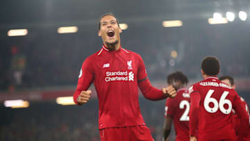 LIVERPOOL, ENGLAND - FEBRUARY 27: Virgil van Dijk of Liverpool celebrates after scoring his team's fourth goal during the Premier League match between Liverpool FC and Watford FC at Anfield on February 27, 2019 in Liverpool, United Kingdom. (Photo by Clive Brunskill/Getty Images)