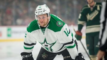 Oct 29, 2016; Saint Paul, MN, USA; Dallas Stars forward Radek Faksa (12) takes the faceoff in the first period against the Minnesota Wild at Xcel Energy Center. Mandatory Credit: Brad Rempel-USA TODAY Sports