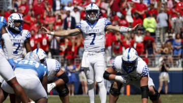 Oct 1, 2022; Oxford, Mississippi, USA; Kentucky Wildcats quarterback Will Levis (7) settles prior to the snap during the second half against the Mississippi Rebels at Vaught-Hemingway Stadium. Mandatory Credit: Petre Thomas-USA TODAY Sports