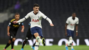 LONDON, ENGLAND - AUGUST 16: Troy Parrott of Tottenham Hotspur scores his sides third goal from the penalty spot during the Premier League 2 match between Tottenham and Manchester City at Tottenham Hotspur Stadium on August 16, 2019 in London, England. (Photo by Naomi Baker/Getty Images)