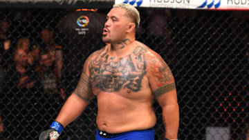 AUCKLAND, NEW ZEALAND - JUNE 11: Mark Hunt of New Zealand reacts after defeating Derrick Lewis by TKO in their heavyweight fight during the UFC Fight Night event at the Spark Arena on June 11, 2017 in Auckland, New Zealand. (Photo by Josh Hedges/Zuffa LLC/Zuffa LLC via Getty Images)