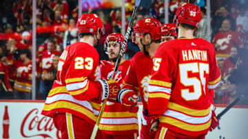 Calgary Flames Celebrating Goal Mandatory Credit: Sergei Belski-USA TODAY Sports