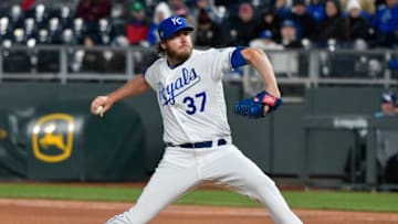 KANSAS CITY, MO - MARCH 31: Brandon Maurer #37 of the Kansas City Royals throws in the eighth inning against the Chicago White Sox at Kauffman Stadium on March 31, 2018 in Kansas City, Missouri. (Photo by Ed Zurga/Getty Images)