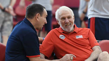 LAS VEGAS, NV - JULY 26: Head coach Mike Krzyzewski (L) of the Duke Blue Devils, the former head coach and current adviser for the United States, and head coach Gregg Popovich of the United States talk during a practice session at the 2018 USA Basketball Men's National Team minicamp at the Mendenhall Center at UNLV on July 26, 2018 in Las Vegas, Nevada. (Photo by Ethan Miller/Getty Images)