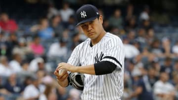 NEW YORK, NEW YORK - SEPTEMBER 02: Masahiro Tanaka #19 of the New York Yankees looks on from the mound during the fifth inning against the Texas Rangers at Yankee Stadium on September 02, 2019 in New York City. (Photo by Jim McIsaac/Getty Images)