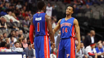 Dec 14, 2016; Dallas, TX, USA; Detroit Pistons guard Reggie Jackson (1) laughs with guard Ish Smith (14) during the second half against the Dallas Mavericks at American Airlines Center. Mandatory Credit: Kevin Jairaj-USA TODAY Sports