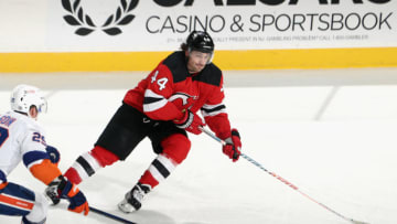 Miles Wood #44 of the New Jersey Devils skates against the New York Islanders at the Prudential Center on March 14, 2021 in Newark, New Jersey. (Photo by Bruce Bennett/Getty Images)