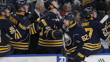 Jan 7, 2017; Buffalo, NY, USA; Buffalo Sabres left wing Marcus Foligno (82) celebrates his goal during the third period against the Winnipeg Jets at KeyBank Center. Buffalo beats Winnipeg 4 to 3. Mandatory Credit: Timothy T. Ludwig-USA TODAY Sports