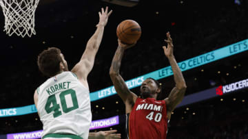Udonis Haslem #40 of the Miami Heat shoots over Luke Kornet #40 of the Boston Celtics(Photo By Winslow Townson/Getty Images)