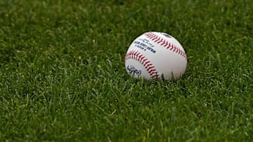 Aug 5, 2016; Kansas City, MO, USA; A general view of a baseball on the field prior to the game between the Toronto Blue Jays and the Kansas City Royals at Kauffman Stadium. Mandatory Credit: Peter G. Aiken-USA TODAY Sports