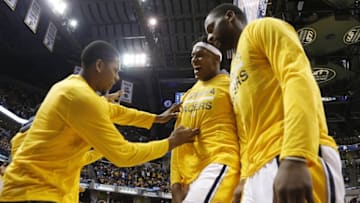 Apr 23, 2016; Indianapolis, IN, USA; Indiana Pacers guard Glenn Robinson III (40) and center Myles Turner (33) react to a Pacers score against the Toronto Raptors in the fourth quarter in game four of the first round of the 2016 NBA Playoffs at Bankers Life Fieldhouse. Indiana defeats Toronto 100-83. Mandatory Credit: Brian Spurlock-USA TODAY Sports