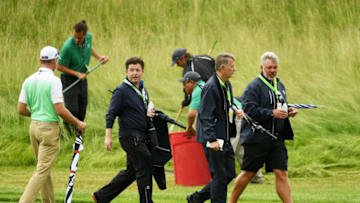 HARTFORD, WI - JUNE 13: Golf journalist Shane O'Donoghue; broadcaster Ken Brown and Darren Clarke of Northern Ireland on the course during a practice round prior to the 2017 U.S. Open at Erin Hills on June 13, 2017 in Hartford, Wisconsin. (Photo by Ross Kinnaird/Getty Images)