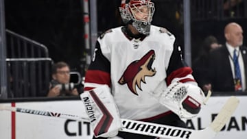 LAS VEGAS, NV - APRIL 04: Darcy Kuemper #35 of the Arizona Coyotes skates during the second period against the Vegas Golden Knights at T-Mobile Arena on April 4, 2019 in Las Vegas, Nevada. (Photo by David Becker/NHLI via Getty Images)