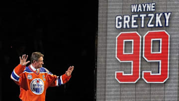 Apr 6, 2016; Edmonton, Alberta, CAN; Edmonton Oilers former player Wayne Gretzky is saluted by the fans during the closing ceremonies at Rexall Place. Mandatory Credit: Perry Nelson-USA TODAY Sports
