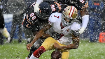 Dec 4, 2016; Chicago, IL, USA; Chicago Bears defensive end Akiem Hicks (96) knocks the ball away from San Francisco 49ers quarterback Colin Kaepernick (7) during the second half at Soldier Field. Mandatory Credit: Mike DiNovo-USA TODAY Sports