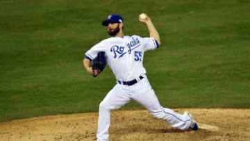 Oct 21, 2014; Kansas City, MO, USA; Kansas City Royals relief pitcher Tim Collins throws a pitch against the San Francisco Giants in the 7th inning during game one of the 2014 World Series at Kauffman Stadium. Mandatory Credit: Peter G. Aiken-USA TODAY Sports