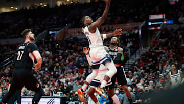 Minnesota Timberwolves forward Anthony Edwards scores on the Portland Trail Blazers. Mandatory Credit: Soobum Im-USA TODAY Sports