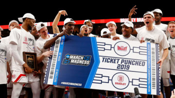 ST. LOUIS, MO - MARCH 10: Members of the Bradley Braves celebrate after beating the Northern Iowa Panthers in the final game of MVC Basketball Tournament at the Enterprise Center on March 10, 2019 in St. Louis, Missouri. The Bradley Braves beat the Northern Iowa Panthers 57-54 to win the MVC Championship. (Photo by Dilip Vishwanat/Getty Images)