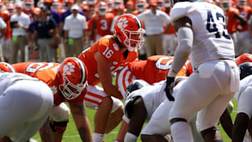 CLEMSON, SC - SEPTEMBER 15: Trevor Lawrence (16) quarterback Clemson University Tigers prepares to start a play during action between Georgia Southern and Clemson on September 15, 2018, at Clemson Memorial Stadium in Clemson S.C. (Photo by John Byrum/Icon Sportswire via Getty Images)