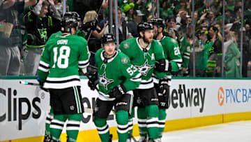May 4, 2023; Dallas, Texas, USA; Dallas Stars center Max Domi (18) and center Wyatt Johnston (53) and center Tyler Seguin (91) and defenseman Ryan Suter (20) celebrates a goal scored by Johnston against the Seattle Kraken during the second period in game two of the second round of the 2023 Stanley Cup Playoffs at Scotiabank Arena. Mandatory Credit: Jerome Miron-USA TODAY Sports