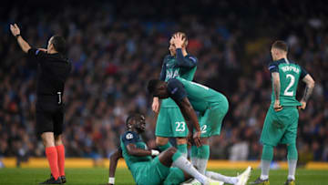 MANCHESTER, ENGLAND - APRIL 17: Moussa Sissoko of Tottenham Hotspur goes down injured during the UEFA Champions League Quarter Final second leg match between Manchester City and Tottenham Hotspur at at Etihad Stadium on April 17, 2019 in Manchester, England. (Photo by Laurence Griffiths/Getty Images)
