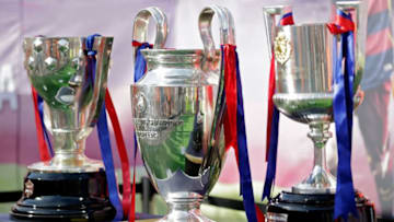 Trophies of FC Barcelona Season 2014-2015 (L-R) La Liga Cup, Champions League, Copa Del Rey during the Joan Gamper Trophy match between Barcelona and AS Roma on August 5, 2015 at the Camp Nou stadium in Barcelona, Spain.(Photo by VI Images via Getty Images)