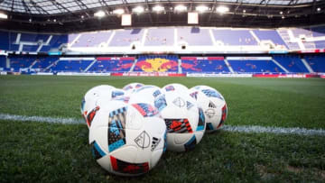 Apr 24, 2016; Harrison, NJ, USA; Soccer balls on the field prior to action between the New York Red Bulls and the Orlando City FC at Red Bull Arena. Mandatory Credit: Bill Streicher-USA TODAY Sports