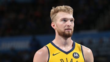 OKLAHOMA CITY, OK - MARCH 27: Domantas Sabonis #11 of the Indiana Pacers looks on during the game against the Oklahoma City Thunder on March 27, 2019 at the Chesapeake Energy Arena in Boston, Massachusetts. NOTE TO USER: User expressly acknowledges and agrees that, by downloading and or using this photograph, User is consenting to the terms and conditions of the Getty Images License Agreement. Mandatory Copyright Notice: Copyright 2019 NBAE (Photo by Zach Beeker/NBAE via Getty Images)