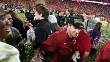 Jan 11, 2016; Glendale, AZ, USA; Alabama Crimson Tide defensive coordinator Kirby Smart celebrates the 45-40 victory over the Clemson Tigers in the 2016 CFP National Championship at University of Phoenix Stadium. Mandatory Credit: Matthew Emmons-USA TODAY Sports