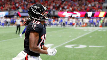 ATLANTA, GA - OCTOBER 01: Andre Roberts #19 of the Atlanta Falcons celebrates a kick off return during the second half against the Buffalo Bills at Mercedes-Benz Stadium on October 1, 2017 in Atlanta, Georgia. (Photo by Kevin C. Cox/Getty Images)