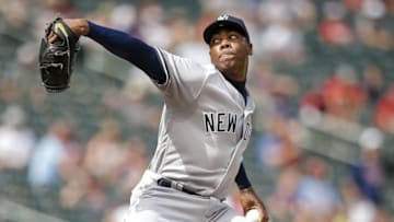 Jun 18, 2016; Minneapolis, MN, USA; New York Yankees relief pitcher Aroldis Chapman (54) pitches to the Minnesota Twins in the ninth inning at Target Field. The Yankees win 7-6. Mandatory Credit: Bruce Kluckhohn-USA TODAY Sports