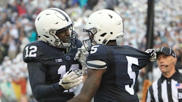 Sep 12, 2015; University Park, PA, USA; Penn State Nittany Lions wide receiver DaeSean Hamilton (5) celebrates with wide receiver Chris Godwin (12) after scoring a touchdown during the fourth quarter against the Buffalo Bulls at Beaver Stadium. Penn State defeated Buffalo 27-14. Mandatory Credit: Matthew O