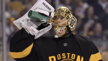 Nov 5, 2016; Boston, MA, USA; Boston Bruins goalie Tuukka Rask (40) takes a sip of water during the second period against the New York Rangers at TD Garden. Mandatory Credit: Bob DeChiara-USA TODAY Sports