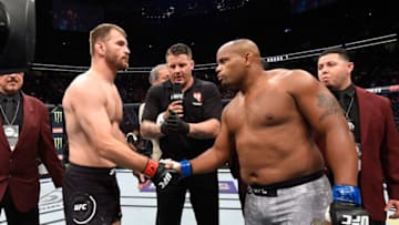 LAS VEGAS, NV - JULY 07: Daniel Cormier shakes hands with Stipe Miocic before their UFC heavyweight championship fight during the UFC 226 event inside T-Mobile Arena on July 7, 2018 in Las Vegas, Nevada. (Photo by Josh Hedges/Zuffa LLC/Zuffa LLC via Getty Images)
