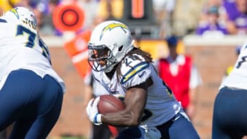 Sep 27, 2015; Minneapolis, MN, USA; San Diego Chargers running back Melvin Gordon (28) runs with the ball in the third quarter against the Minnesota Vikings at TCF Bank Stadium. The Minnesota Vikings beat the San Diego Chargers 31-14. Mandatory Credit: Brad Rempel-USA TODAY Sports