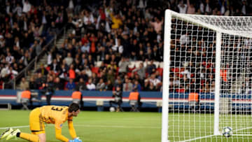 Real Madrid's Belgian goalkeeper Thibaut Courtois reacts after Paris Saint-Germain's Argentine midfielder Angel Di Maria scoring his team's second goal during the UEFA Champions league Group A football match between Paris Saint-Germain and Real Madrid, at the Parc des Princes stadium, in Paris, on September 18, 2019. (Photo by Lucas BARIOULET / AFP) (Photo credit should read LUCAS BARIOULET/AFP/Getty Images)