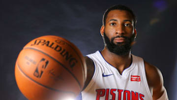AUBURN HILLS, MICHIGAN - SEPTEMBER 30: Andre Drummond #0 of the Detroit Pistons poses for a portrait during the Detroit Pistons Media Day at Pistons Practice Facility on September 30, 2019 in Auburn Hills, Michigan. NOTE TO USER: User expressly acknowledges and agrees that, by downloading and/or using this photograph, user is consenting to the terms and conditions of the Getty Images License Agreement. (Photo by Gregory Shamus/Getty Images)