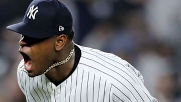 NEW YORK, NEW YORK - OCTOBER 03: Luis Severino #40 of the New York Yankees reacts after closing out the third inning against the Oakland Athletics during the American League Wild Card Game at Yankee Stadium on October 03, 2018 in the Bronx borough of New York City. (Photo by Elsa/Getty Images)