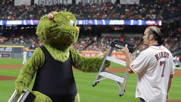 HOUSTON, TEXAS - SEPTEMBER 18: Houston Astros mascot Orbit challenges WWE wrestler Matt hardy to a "ladder match" at Minute Maid Park on September 18, 2019 in Houston, Texas. Matt Hardy and Booker T were at Minute Maid Park to promote the WWE's Royal Rumble that will be on January 265, 2020 at Minute Maid Park. (Photo by Bob Levey/Getty Images)