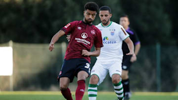 MIJAS, SPAIN - JANUARY 7: (L-R) Timothy Tillman of FC Nurnberg, Ouasim Bouy of PEC Zwolle during the Club Friendly match between PEC Zwolle v 1. FC Nurnberg at the La Cala Resort on January 7, 2019 in Mijas Spain (Photo by Erwin Spek/Soccrates/Getty Images)