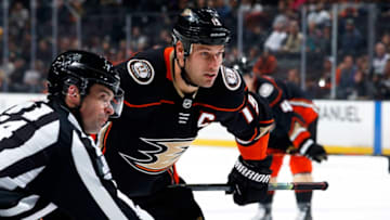 ANAHEIM, CA - DECEMBER 2: Ryan Getzlaf #15 of the Anaheim Ducks lines up for a face-off during the game against the Los Angeles Kings at Honda Center on December 2, 2019 in Anaheim, California. (Photo by Debora Robinson/NHLI via Getty Images)