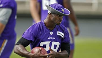 Aug 1, 2016; Mankato, MN, USA; Minnesota Vikings running back Adrian Peterson (28) catches a pass in drills at training camp at Minnesota State University. Mandatory Credit: Bruce Kluckhohn-USA TODAY Sports