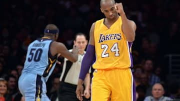 Mar 22, 2016; Los Angeles, CA, USA; Los Angeles Lakers forward Kobe Bryant (24) reacts during an NBA game against the Memphis Grizzlies at Staples Center. Mandatory Credit: Kirby Lee-USA TODAY Sports