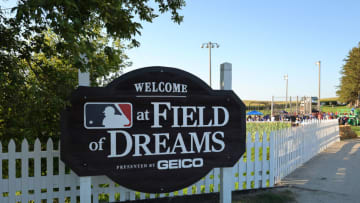 DYERSVILLE, IOWA - AUGUST 10: A general view of signage prior to the game at Field of Dreams between the Cincinnati Reds and the Chicago Cubs on August 10, 2022 in Dyersville, Iowa. (Photo by Michael Reaves/Getty Images)